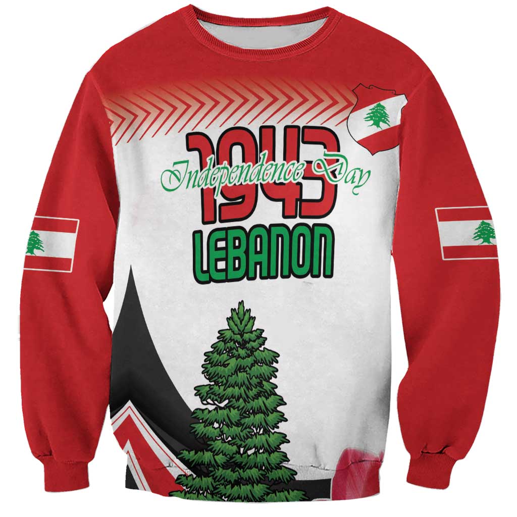 Red crewneck sweatshirt with Independence Day 1943 Lebanon graphic and pine tree