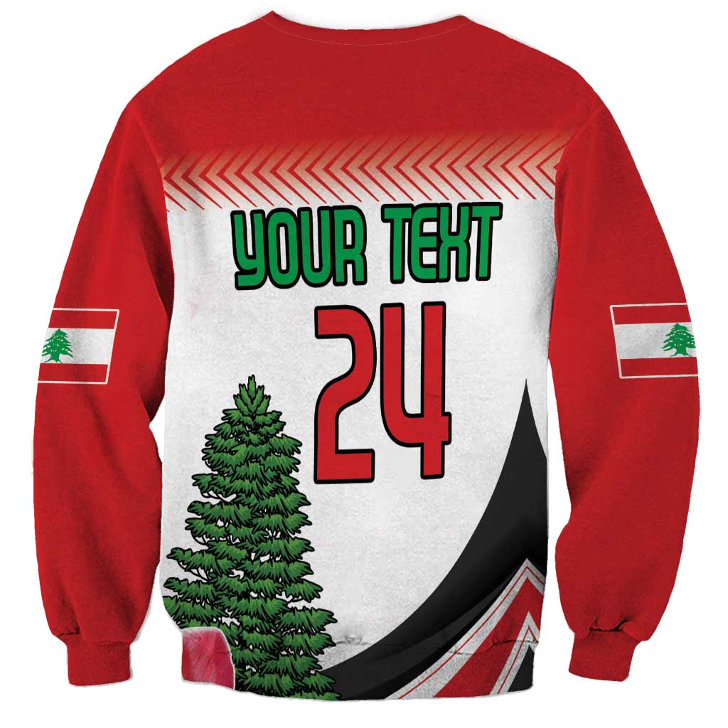 Red crewneck sweatshirt back with custom "YOUR TEXT 24" graphic and pine tree