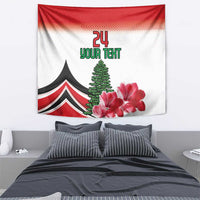 Red and white tapestry with black and red tent stripes, evergreen tree, pink flowers, '24' text