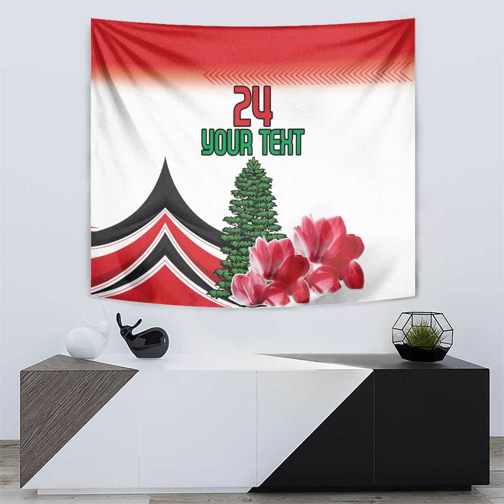 Red and white tapestry featuring black tent with red stripes, evergreen tree, pink flowers, '24' text
