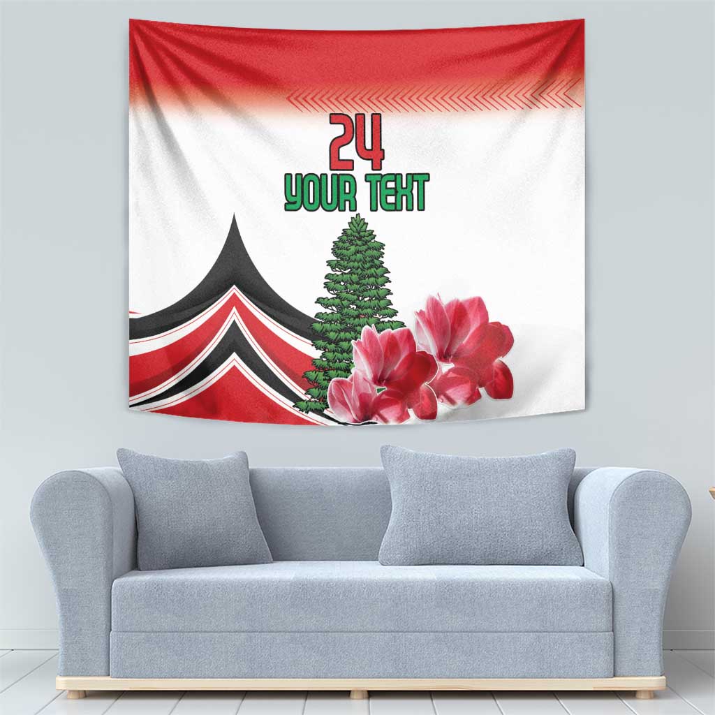 Red and white tapestry with black tent, evergreen tree, pink flowers, and '24 YOUR TEXT'