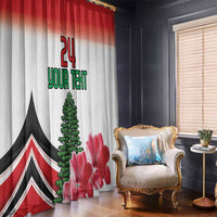 Red and white printed window curtain with cyclamen flowers and green tree design