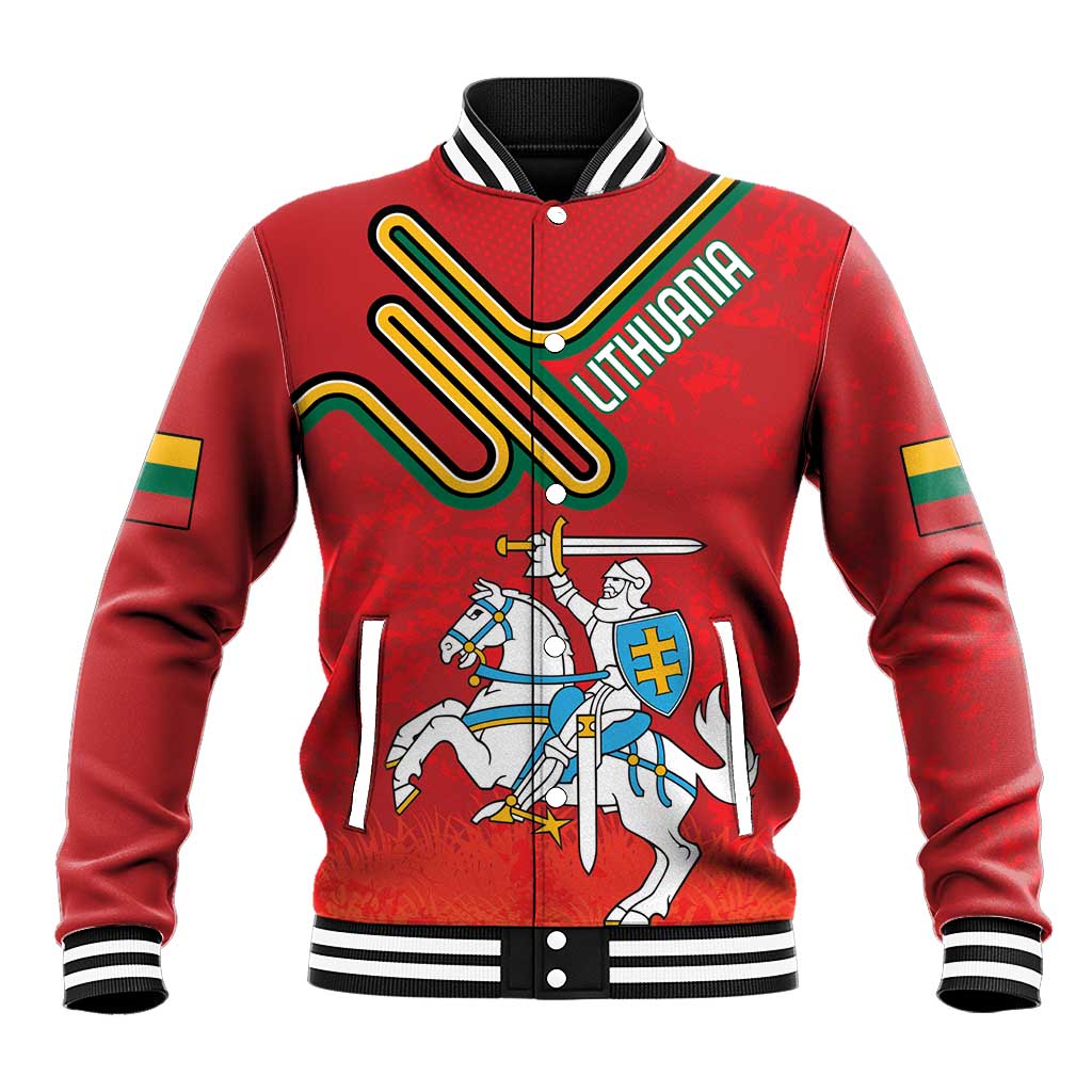 Red varsity baseball jacket with Lithuania coat of arms front print and snap buttons