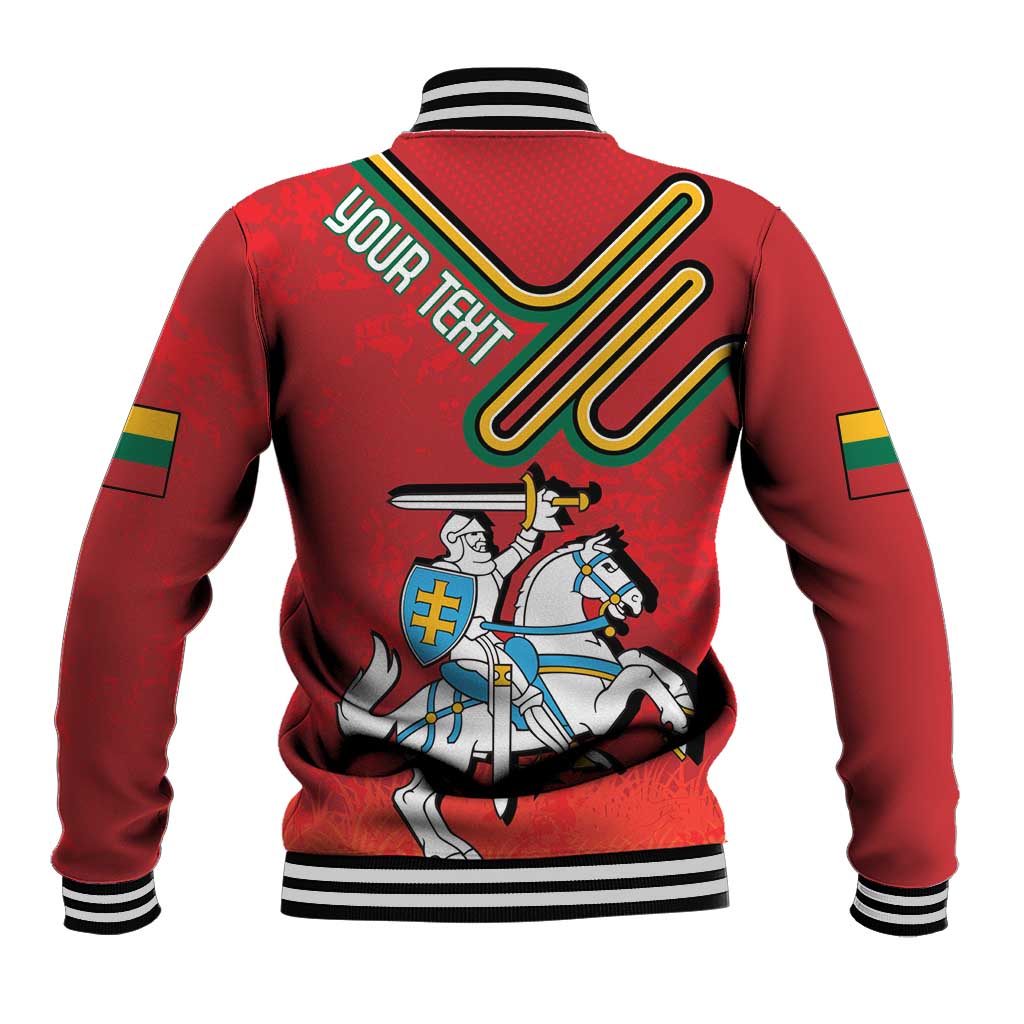 Red baseball jacket, back graphic of Lithuania coat of arms and horses