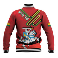 Red baseball jacket, back graphic of Lithuania coat of arms and horses