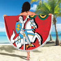 Red round beach blanket with white fringe edge, knight shield and horse design