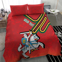 Red duvet and pillow set with large knight graphic, striped shield emblem, and crest symbol
