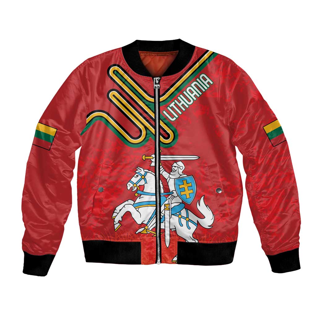 Red bomber jacket with zipper, black trim, Lithuania crest rider and LITHUANIA graphic
