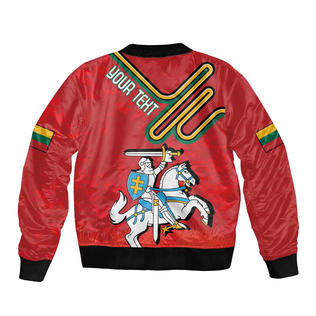 Red bomber jacket with zipper, black trim, coat of arms rider graphic and tricolor stripes