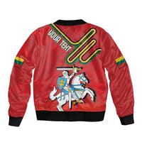Red bomber jacket with zipper, black trim, coat of arms rider graphic and tricolor stripes