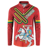 Red long-sleeve button sweatshirt, front henley with knight and crest artwork