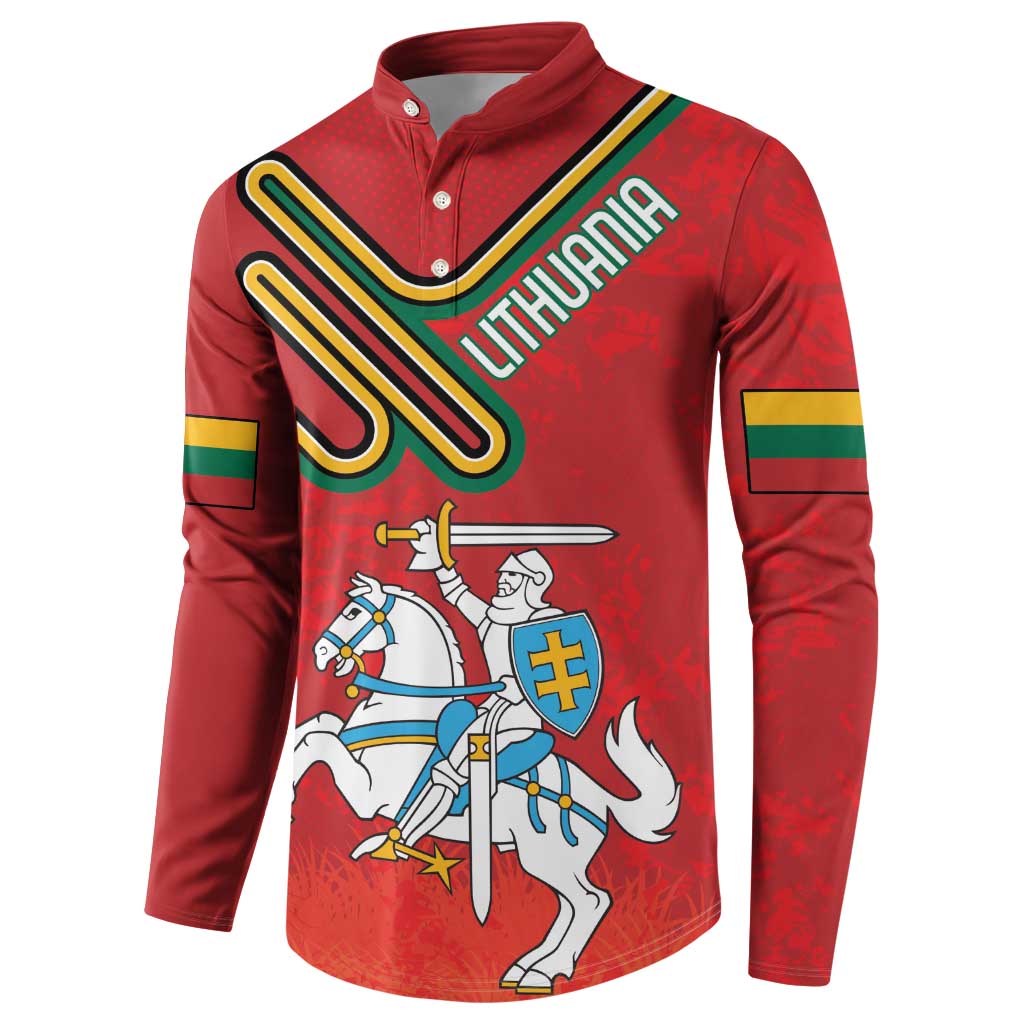 Red long-sleeve button sweatshirt, front graphic of knight with sword and crest