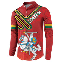 Red long-sleeve button sweatshirt, front graphic of knight with sword and crest