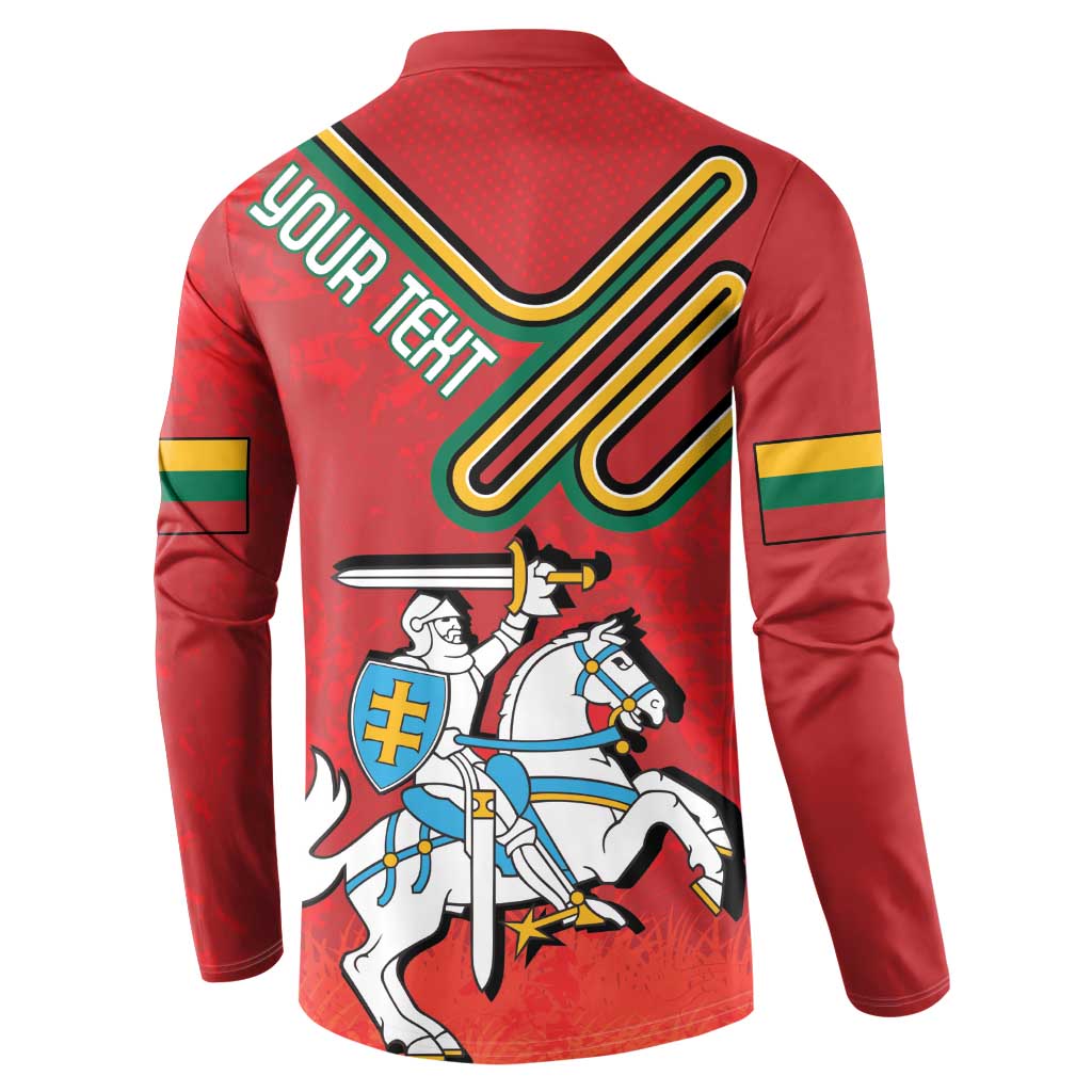 Red long-sleeve button sweatshirt, knight graphic with crest on back