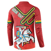 Red long-sleeve button sweatshirt, knight graphic with crest on back