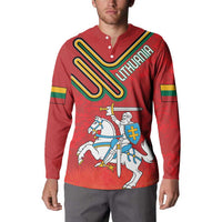 Red long-sleeve button sweatshirt, Lithuania crest and knight graphic on front