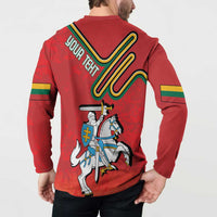 Red long-sleeve button sweatshirt, back print with knight and striped emblem