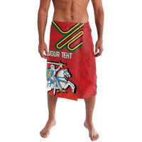 Red Lithuania coat of arms board shorts with colorful crest graphic, front view