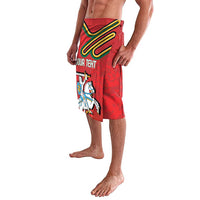 Red Lithuania coat of arms board shorts with crest graphic, side view