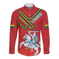 Red long-sleeve button shirt with Lithuania coat of arms front graphic