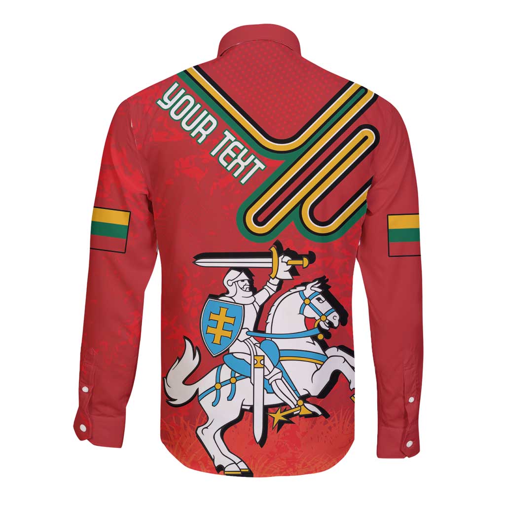 Red long-sleeve button shirt with Lithuania coat of arms back graphic