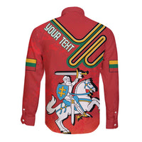 Red long-sleeve button shirt with Lithuania coat of arms back graphic