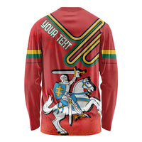 Red long-sleeve shirt with back Lithuania text and coat of arms knights graphic