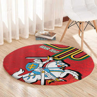 Red round carpet with knight and horse graphic and coat of arms design
