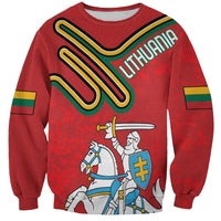 Red crewneck sweatshirt with Lithuania coat of arms graphic and flag sleeve patches