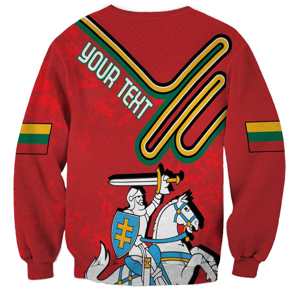 Red crewneck sweatshirt back with 'YOUR TEXT' and knight coat of arms; flag sleeve