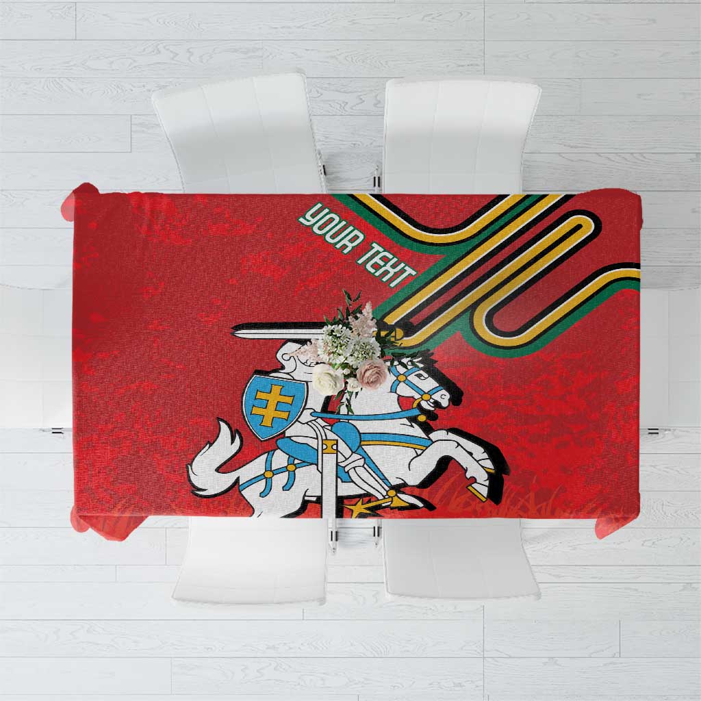 Red personalized Lithuania coat of arms tablecloth, folded with crest graphic visible.