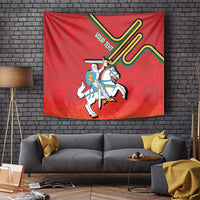 Red Lithuania coat of arms tapestry featuring mounted knight with sword and shield