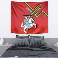 Red Lithuania coat of arms tapestry with mounted rider on white horse