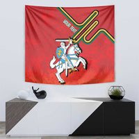 Red Lithuania coat of arms tapestry, close view of knight with sword and shield