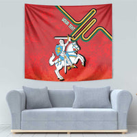 Red Lithuania coat of arms tapestry with mounted knight and flowing horse mane