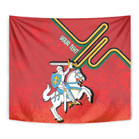 Red Lithuania coat of arms tapestry close-up of mounted knight and shield on horse