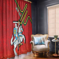 Red Lithuania coat of arms window curtain with mounted knight and shield artwork, full panels