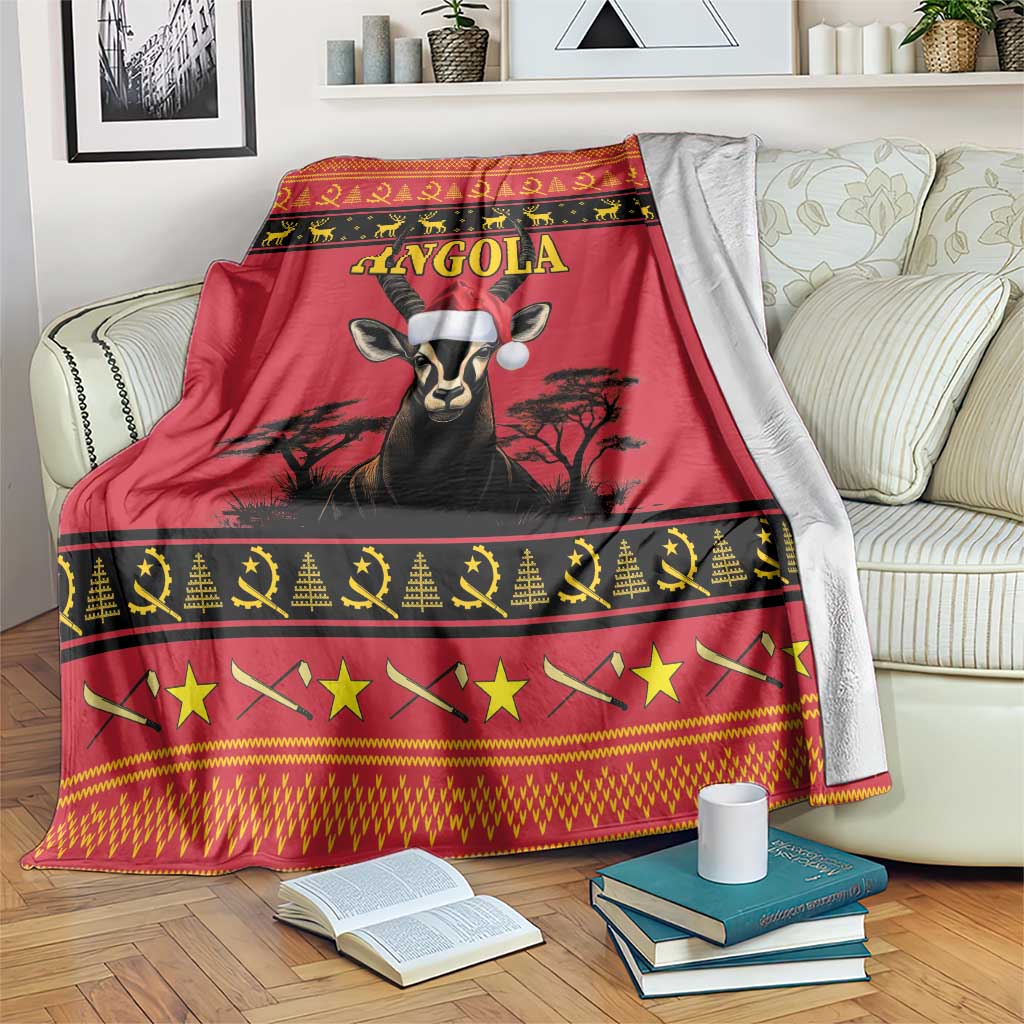 Red Angola themed Christmas blanket with sable antelope face and gold border pattern