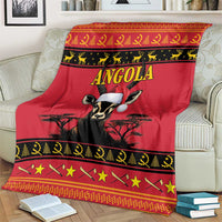 Red Angola blanket with antelope wearing cap, gold text, and star stripe trim