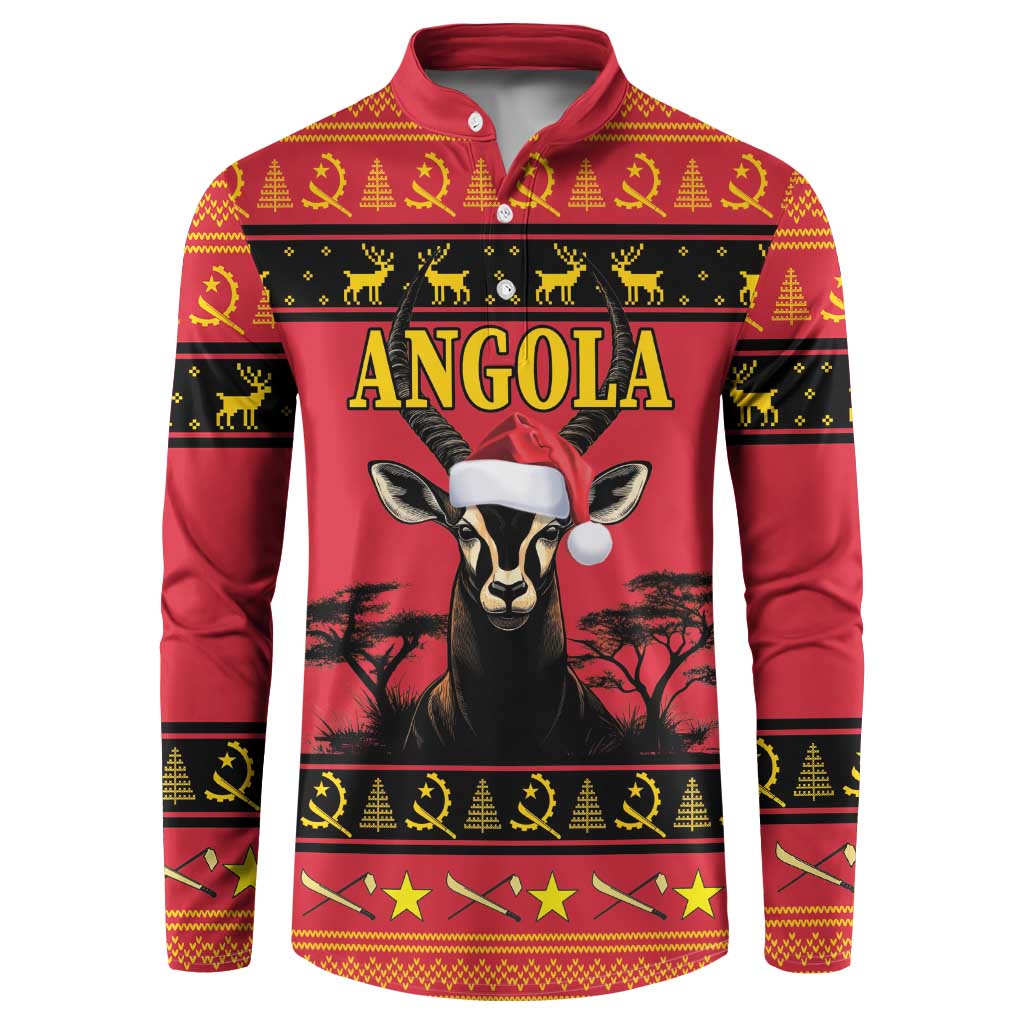 Men's red Angola Christmas button sweatshirt with antelope graphic and festive trim