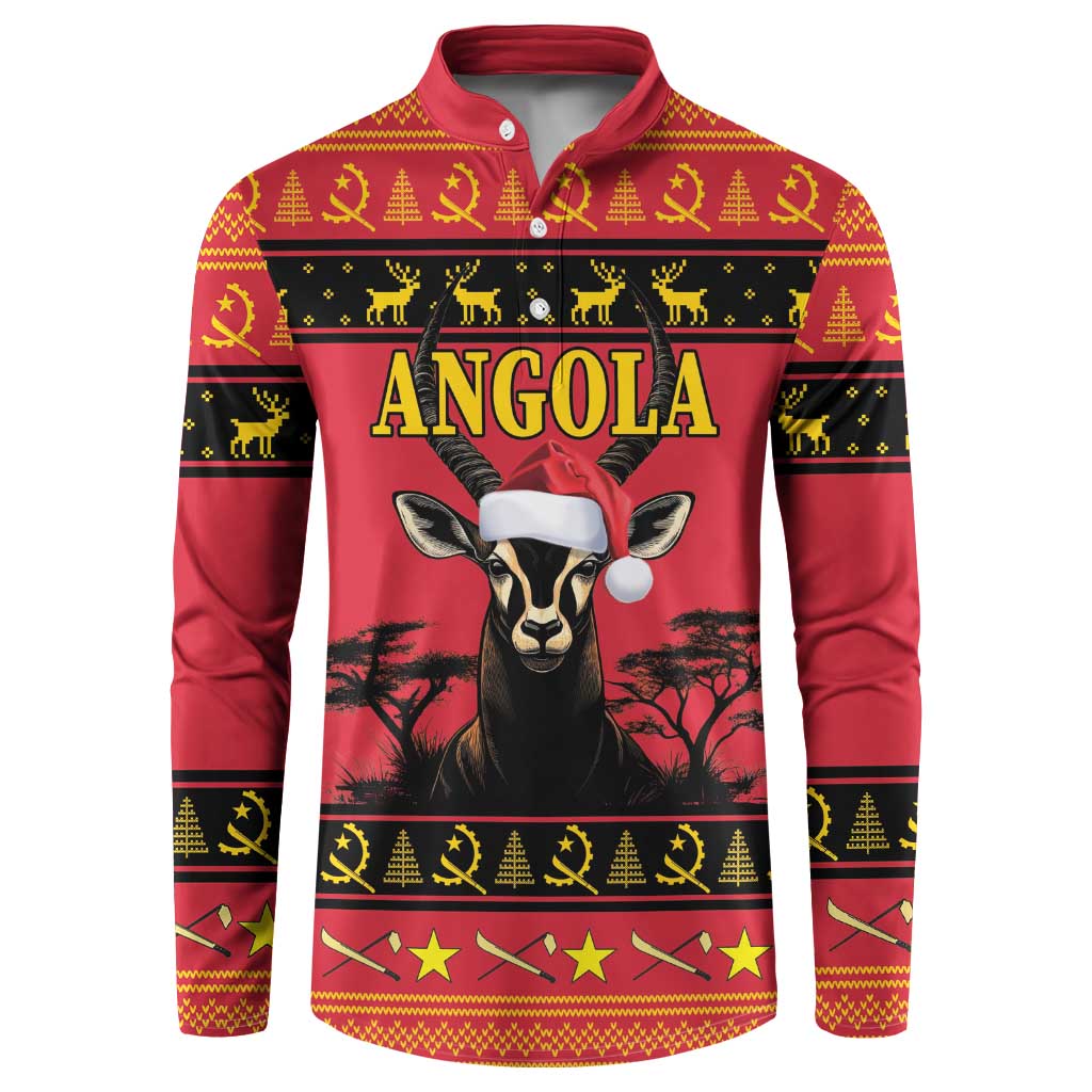 Angola Christmas Button Sweatshirt Giant Sable Antelope Virtus Unita Fortior - Wonder Print Shop