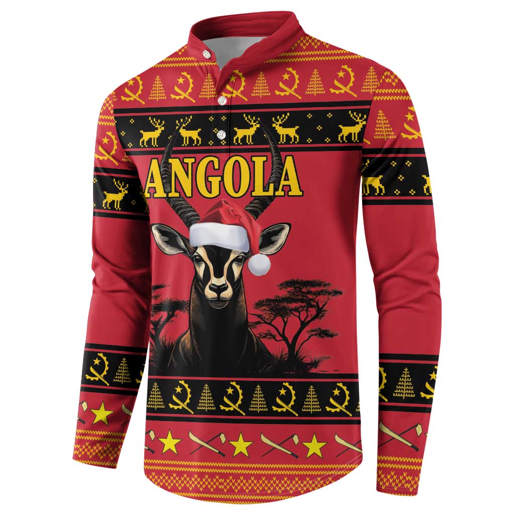 Red Angola Christmas button sweatshirt with antelope portrait, Angola text, and striped cuffs