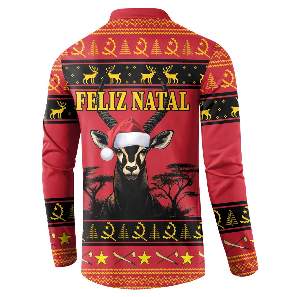Red Angola Christmas button sweatshirt, Feliz Natal back print with antelope and striped hem