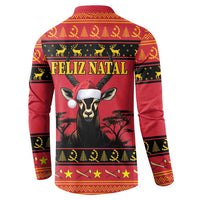 Red Angola Christmas button sweatshirt, Feliz Natal back print with antelope and striped hem