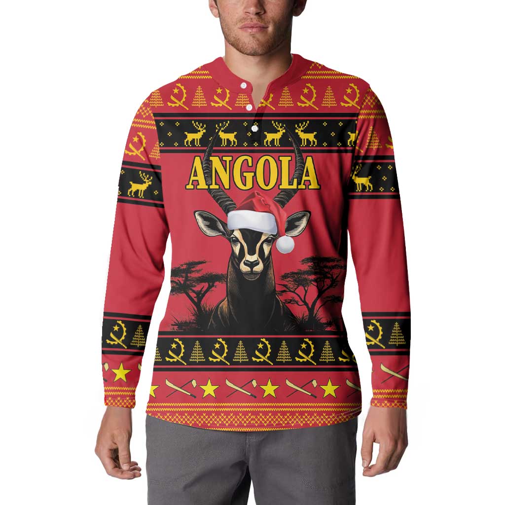 Men's red Angola Christmas button sweatshirt with antelope graphic, patterned yoke, and stars