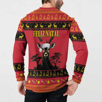 Red Angola Christmas button sweatshirt, Feliz Natal back print with antelope and holiday borders
