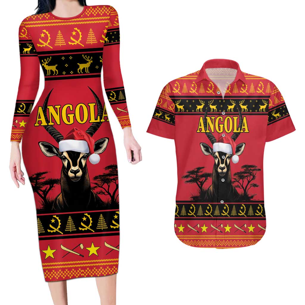 Angola Christmas Couples Matching Long Sleeve Bodycon Dress and Hawaiian Shirt Giant Sable Antelope Virtus Unita Fortior - Wonder Print Shop