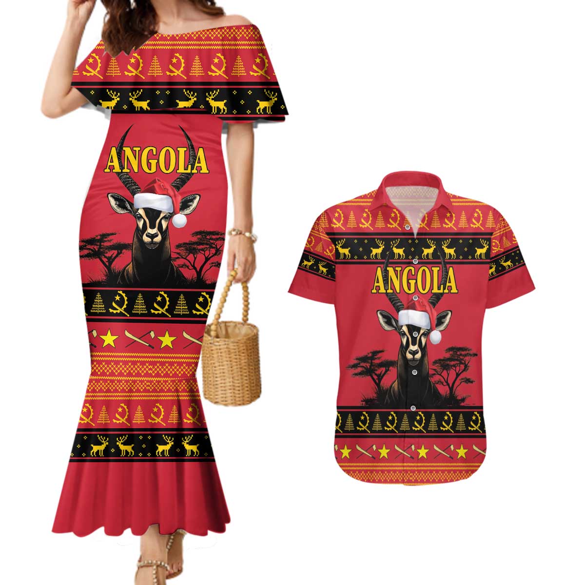 Angola Christmas Couples Matching Mermaid Dress and Hawaiian Shirt Giant Sable Antelope Virtus Unita Fortior - Wonder Print Shop