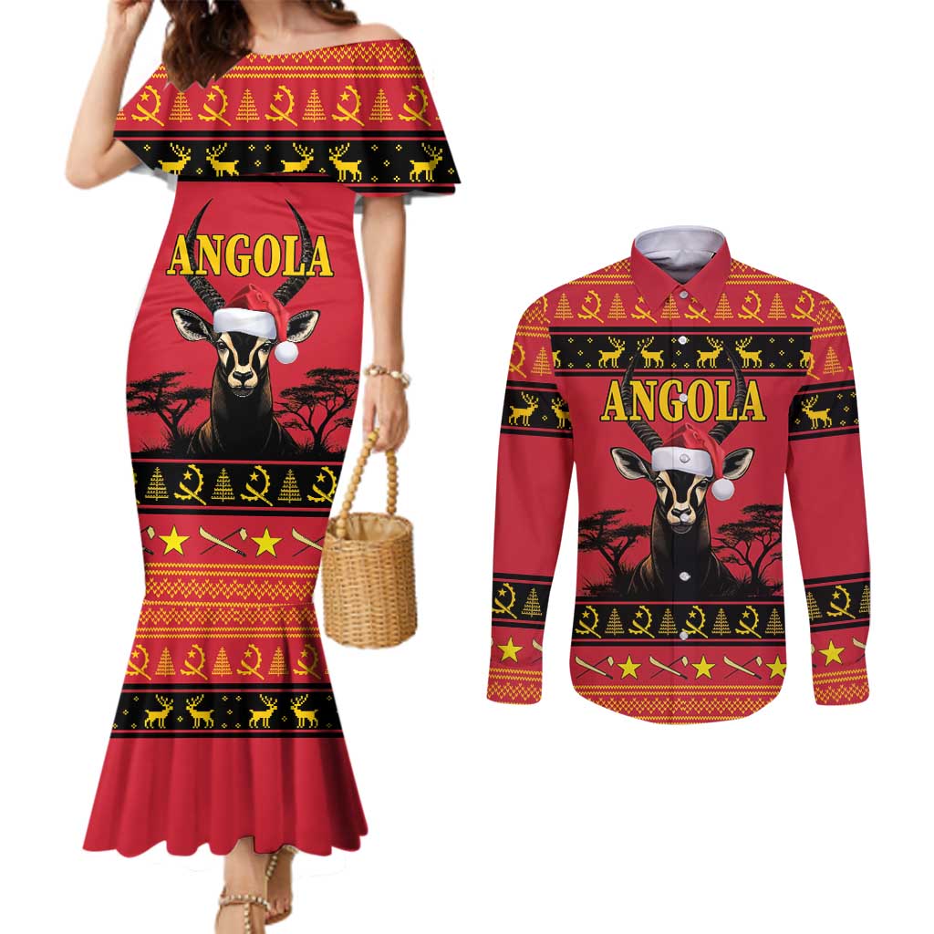 Angola Christmas Couples Matching Mermaid Dress and Long Sleeve Button Shirt Giant Sable Antelope Virtus Unita Fortior