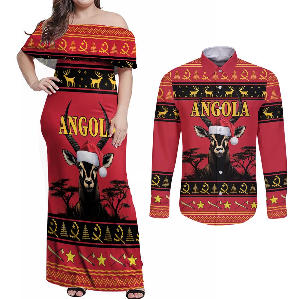 Angola Christmas Couples Matching Off Shoulder Maxi Dress and Long Sleeve Button Shirt Giant Sable Antelope Virtus Unita Fortior - Wonder Print Shop